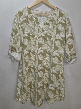 Linen Blend Tropical Tunic Euro Sz 36 Button Up Sleeve Split V Neck Cream
